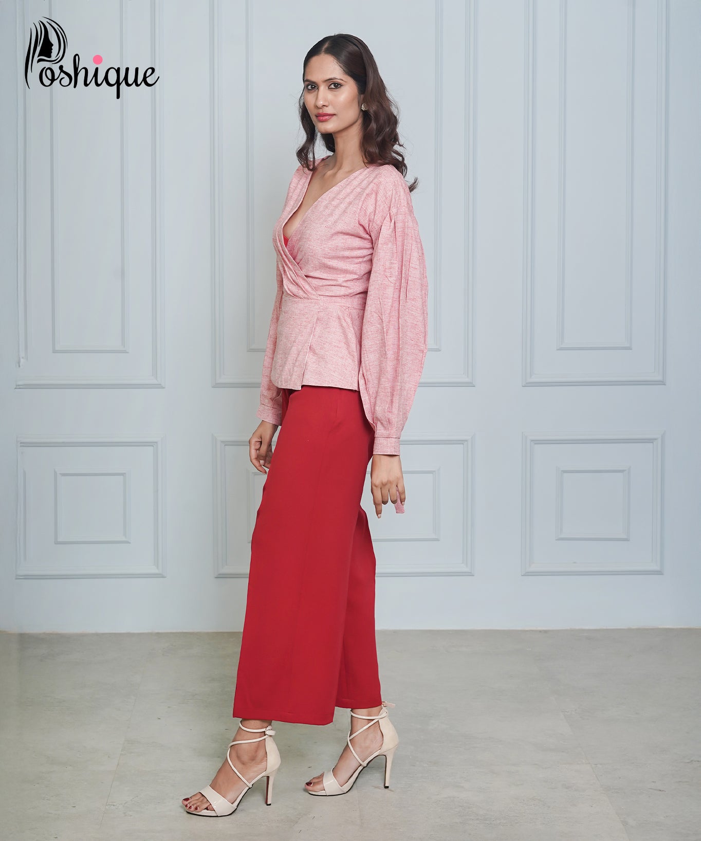 Poshique Maroon High-Waisted Straight-Leg Trousers